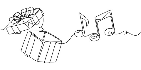 gift box and Musical Note continuous one line drawing, Gift Box Continuous Line Icon, Gift box outline, Continuous line icon, Continuous Line Drawing of Giveaway Icon. Hand Drawn Symbol Vector