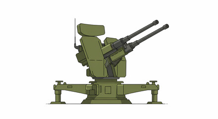 Military Anti-Aircraft Gun in Olive Green on Isolated White Background