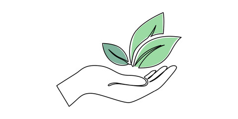 Hand holding plant with leaf continuous one line drawing, Continuous one line drawing of Hands holding growing seedlings. Single line drawing illustration of Hands holding leaf. Go green energy.