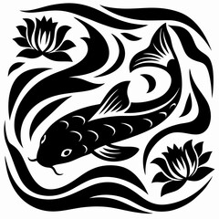 Obraz premium Serene Koi Fish Pond Elegant Black and White Aquatic Illustration