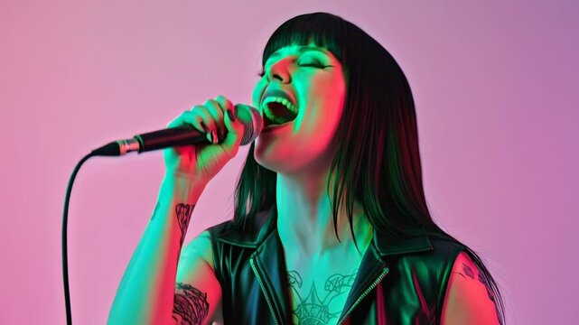 A passionate vocalist sings into a microphone on stage, illuminated by vibrant colorful neon lights during a captivating performance.