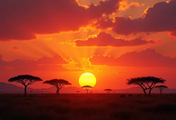 Fotobehang vibrant savanna sunset acacia trees orange glow sky nature landscape silhouette scenery, wildlife, flora, africa, electronic, evening, horizon, dusk, rural © Yaroslava
