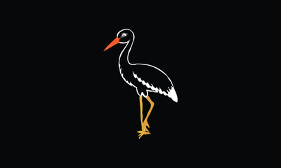 Vector bird isolated on cartoon style, stork stands on one leg, design element, bird 