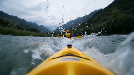Thrilling outdoor activities, kayaking down rapid river, splashing water all around