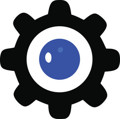 Abstract Black Gear with Blue Eye in the Center Depicting Technology Engineering and Artificial Intelligence on a White Background Simple and Modern Design Concept