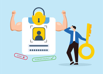 Businessman holds the key to secure user account with strong padlock stock illustration. complex combination of letters and numbers