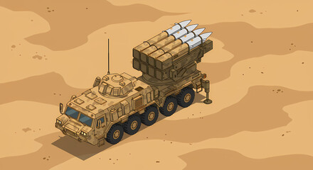 Fototapeta premium Military Vehicle with Missiles Isometric on Sandy Terrain