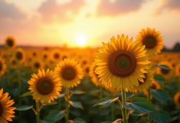 Obraz premium vibrant sunflower field sunrise radiant blooms golden petals lush green landscape morning light scenic nature beauty, flora, yellow, meadow, spring, garden, sky, vista