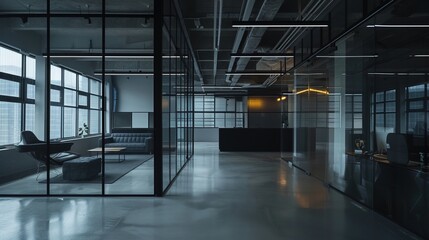 Modern workplace featuring glass partitions, comfortable seating and ample natural light for a creative and productive atmosphere