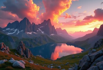 vibrant sunset clouds over mountain peaks scenic landscape nature art view, scenery, wilderness, sky, dusk, horizon, evening, ridge, highland, glow, outdoors
