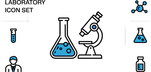 Obraz premium Illustration of laboratory icons including flasks microscope and molecule design