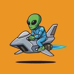 Alien riding spaceship cartoon for sci-fi merchandise