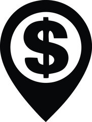 Financial Location Symbol A Black Dollar Sign Centered Within a Black Map Pointer Icon on a White Background Indicating Economic Geography black dollar