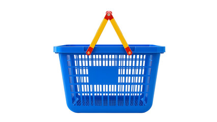Fototapeta premium Blue plastic shopping basket with yellow and red handle isolated on white background for retail use on transparent background