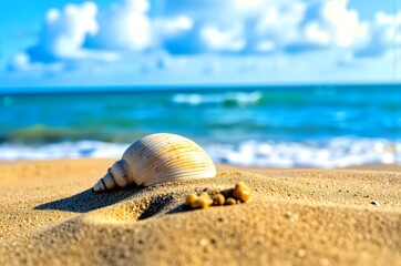 Obraz premium Seashell on Sandy Beach with Ocean Waves and Cloudy Blue Sky