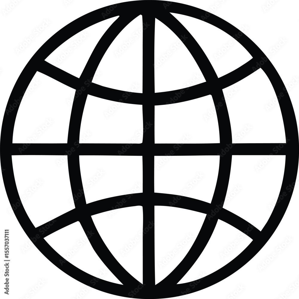 Poster simple black and white globe icon with grid lines representing latitude and longitude isolated on a 