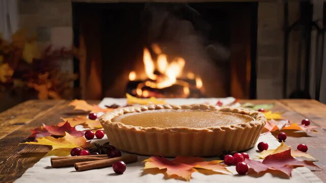 A Homemade Pumpkin Pie Surrounded by Fall Decorations and Cinnamon Sticks, with a Roaring Fire Creating a Warm Ambiance