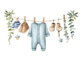 Cute watercolor illustration of baby clothes hanging on a clothesline with teddy bears and greenery.