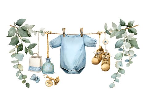 Cute watercolor illustration of baby clothes hanging on a clothesline with teddy bears and greenery.