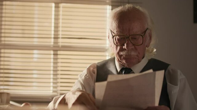 Medium close up shot of focused senior Caucasian man in retro suit vest and eyeglasses studying paper documents sitting by window in office