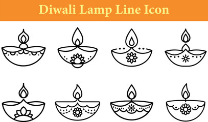 Collection of eight Diwali Diya oil lamps with decorative elements and flames in a simple line art icon isolated on transparent background