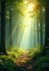 Fototapeta premium vibrant forest landscape sunlit canopy nature serenity greenery, tree, leaf, wood, branch, sunlight, vista, wilderness, flora, meadow, ecosystem, park