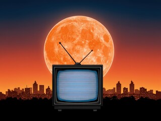 Retro television set in front of a vivid sunset skyline with an oversized moon illuminating the evening sky invoking nostalgia for a golden era of media culture and storytelling