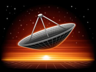 Futuristic satellite dish hovering against an abstract sunset backdrop representing advances in technology cosmic communication and the connectivity of our digital universe