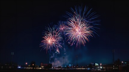 Captivating bursts of red white and blue fireworks painting the night sky with patriotic celebration against dark deep