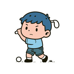 A cartoon boy with blue hair and golf attire is swinging a club at a golf ball.