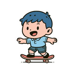 A cute cartoon of a young boy skating with a wide smile, perfect for children's illustrations and recreational themes
