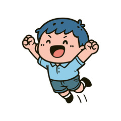 Cheerful Cartoon Boy Jumping for Joy Illustration with blue hair and a light blue shirt leaps enthusiastically, fists clenched in excitement.