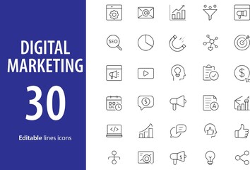 Digital Marketing Line Icons, SEO, Email Campaign, Social Media, Analytics, Ad Targeting, Website Optimization, and More , Editable Formats: AI, EPS, JPG, PNG , Ideal for Both Digital and Print Use