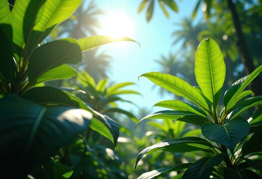 vibrant tropical leaves sunlit blue skies exotic greenery lush foliage nature bright colors atmospheric sunshine, sky, sunlight, flora, botanical, fresh