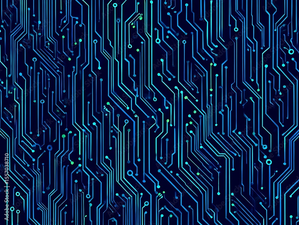 Fototapete abstract digital circuit board pattern with blue glowing lines and dots on dark background