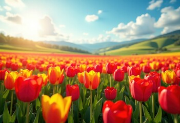vibrant tulip fields rolling green hills scenic nature landscape blooming agriculture colorful garden, flora, petal, flower, spring, botanical, meadow, plant