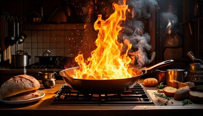Chaos of Kitchen Fire with Flames Leaping from Pan