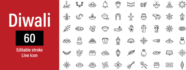 Collection of Diwali festival line icons representing traditions culture celebration and auspicious symbols isolated on transparent background 