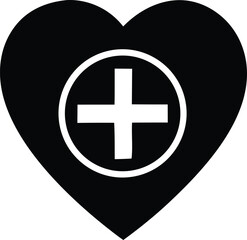 Black Heart with White Medical Cross Symbol Inside a Circle Representing Healthcare Love and Support in a Simple Modern Design black heart contains