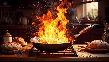 Chaos of Kitchen Fire with Flames Leaping from Pan