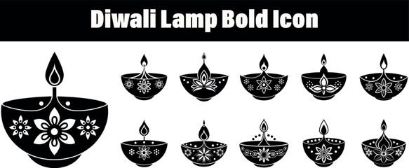 Collection of decorative Diwali Diya oil lamps with floral motifs and flame silhouette isolated on transparent background