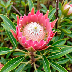 Pink protea flower blooming amidst lush green leaves  