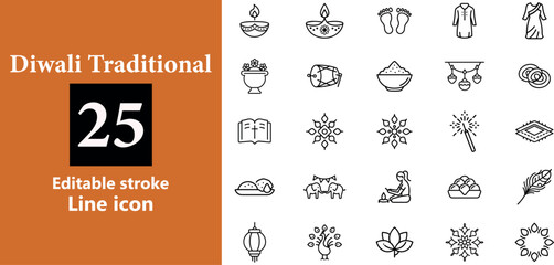 Collection of Diwali traditional line art icons representing cultural symbols and celebrations isolated on transparent background 