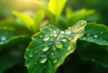 vibrant leaves reflective water droplets dew nature freshness macro details, drops, reflection, texture, wet, foliage, green, flora, shine, gloss, rain