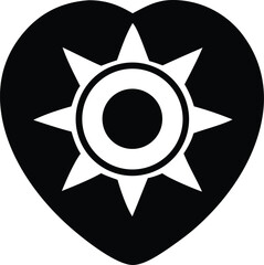 Abstract Black Heart Shape with White Starburst and Concentric Circles Minimalist Graphic Design for Valentines Day or Love Symbolism High Contrast black heart