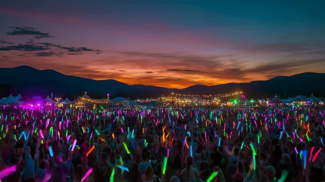 野外フェスの夕暮れパーティー