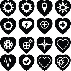 Collection of Black Heart Icons with White Symbols Representing Various Concepts Such as Settings Location Health Navigation and Communication in a Grid Pattern