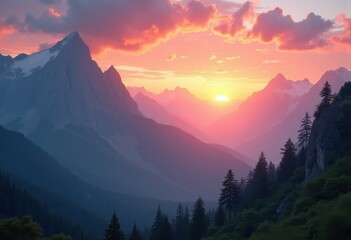 vibrant mountain peaks glowing dawn radiant sunrise colorful sky nature landscape scenic view, high, terrain, pink, orange, light, shadow, clouds, horizon