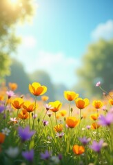 Obraz premium vibrant wildflowers blooming colorful sunlit meadow scenery bright nature flora spring landscape, sunlight, pollen, petal, blossom, green, field, tulip
