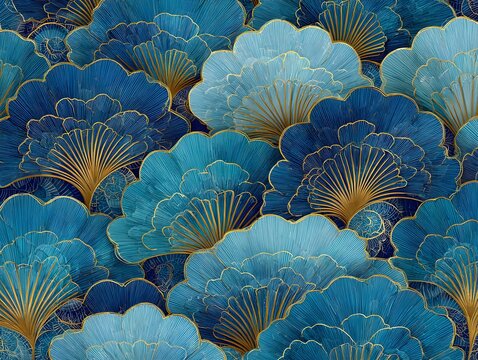 Navy blue and gold art deco pattern, geometric design with fan-like shapes, luxurious and elegant aesthetic, ideal for background or wallpaper on watercolor style